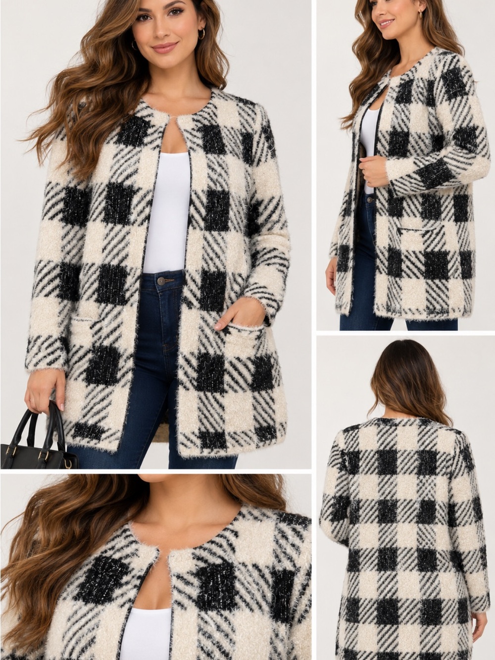 Valerie Stevens Black & White Plaid Bouclé Open-Front Coat